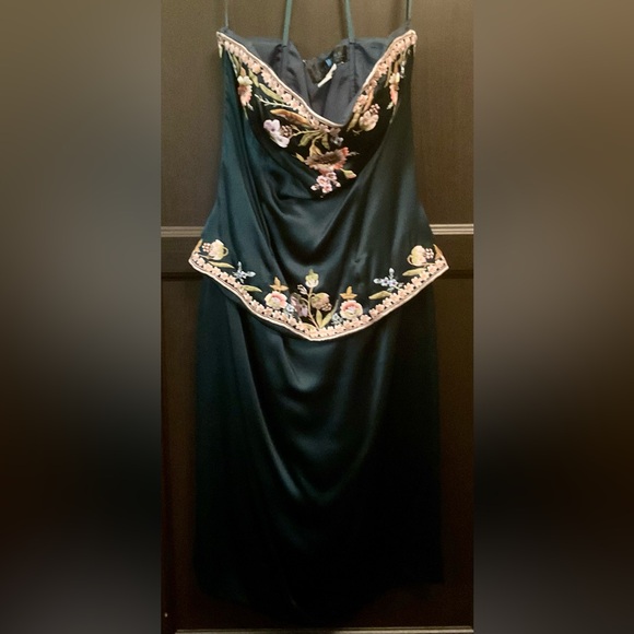 Sue Wong 100% 4 Silk Emerald Teal Strapless Embroidered Peplum Evening Dress - Picture 5 of 12